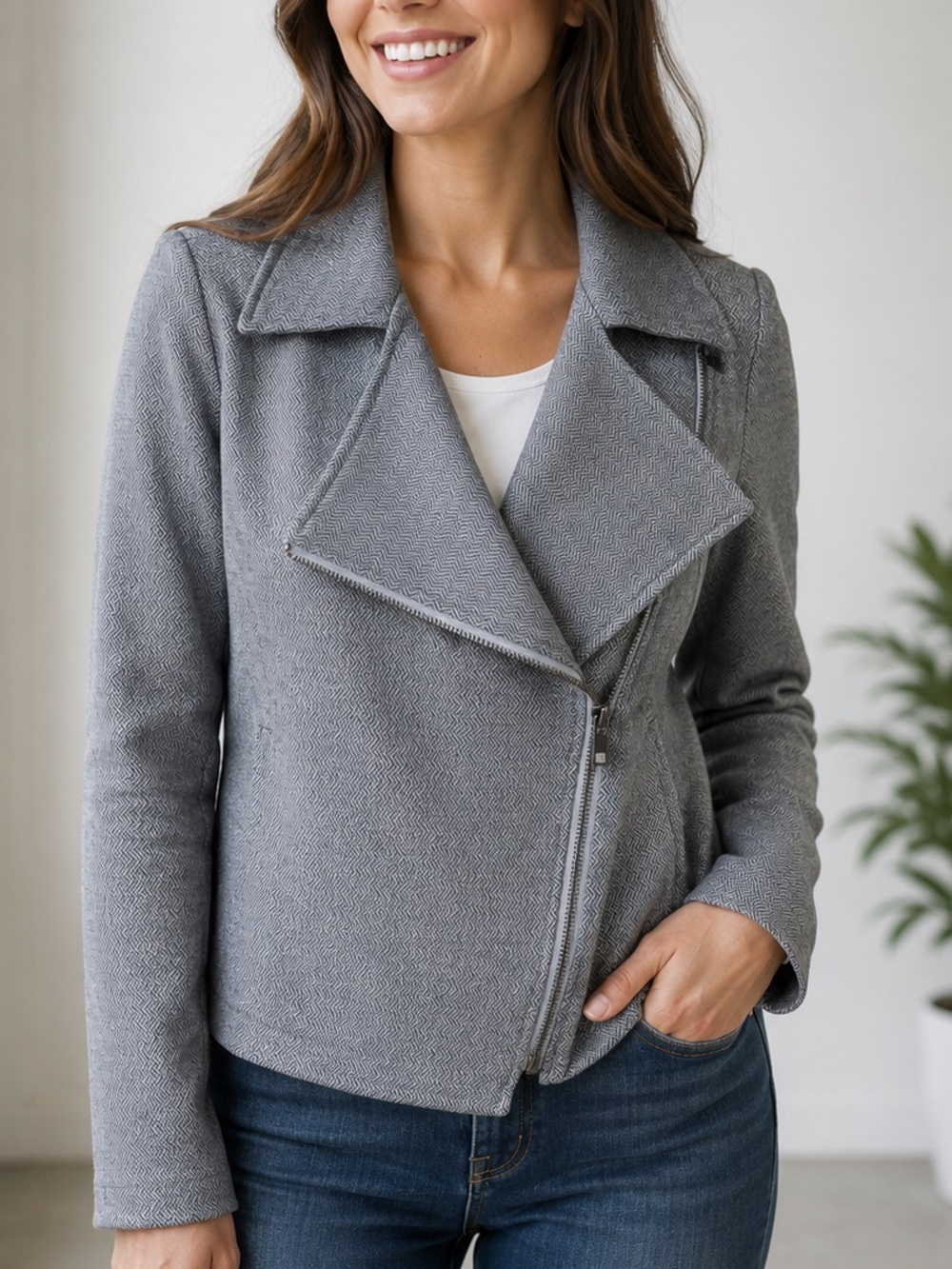 Eileen Fisher Women’s Size XS Gray Herringbone Jacket Asymmetric Organic Cotton